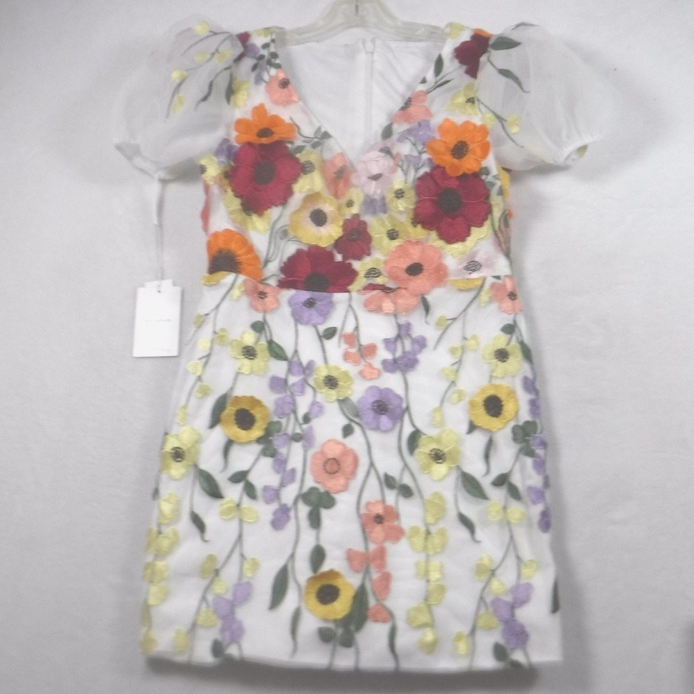 New Fashion Women's 8 Floral Embroidered Mesh Mini Dress White Puff Sleeve NWT